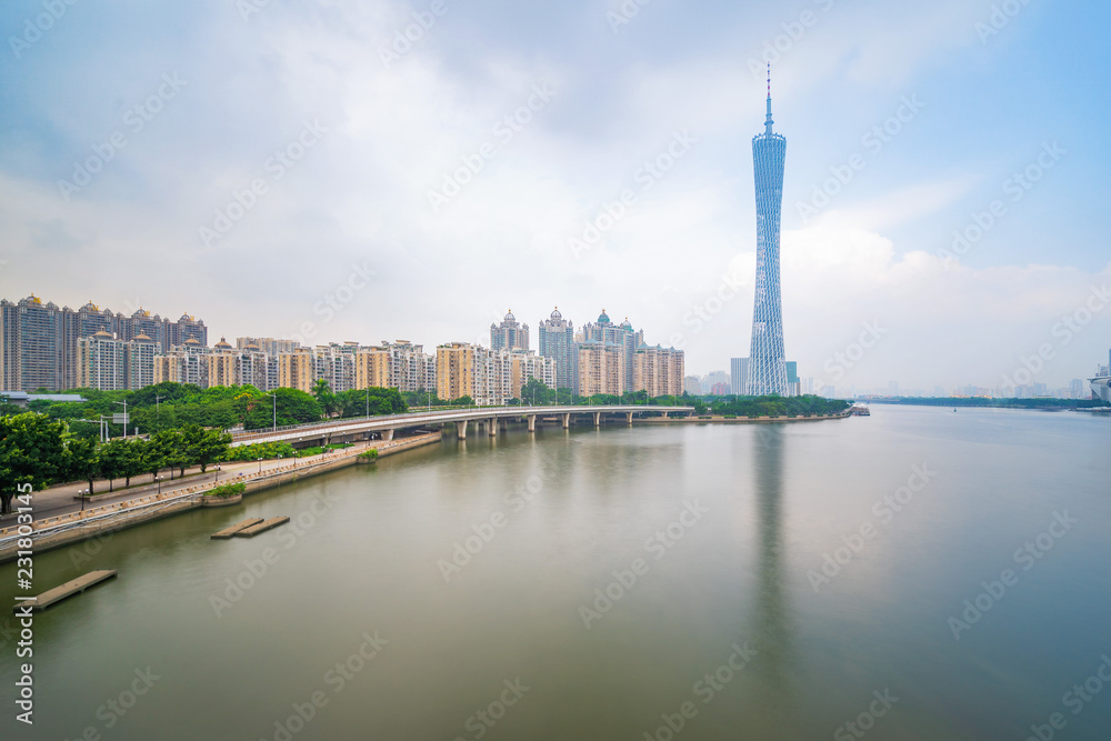 Skyline of East and West Towers of Guangzhou Tower on both sides of the Pearl River in Guangzhou
