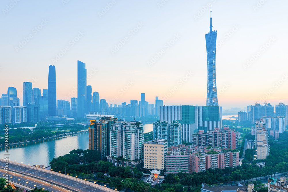 Skyline of East and West Towers of Guangzhou Tower on both sides of the Pearl River in Guangzhou