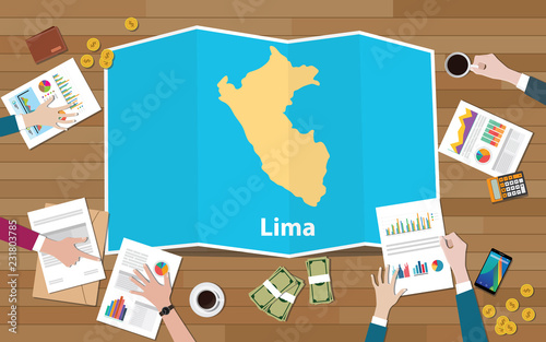 lima peru capital city region economy growth with team discuss on fold maps view from top