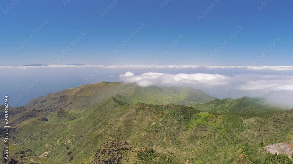 Aerial view of mountains from above on Tenerife near volcanic mountain El Teide, Canarias, Spain