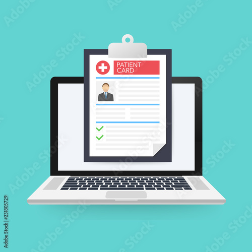 Patient card concept. Laptop with medical clipboard. Vector illustration