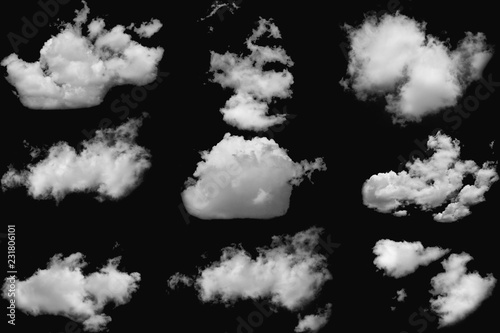 Set of clouds white fluffy on isolated elements black background