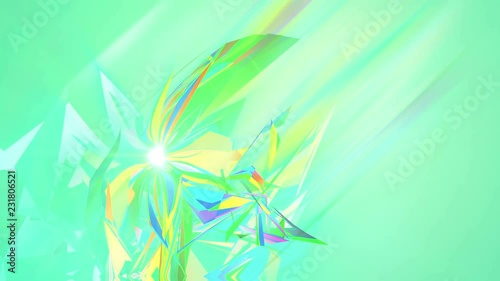 An artistic 3d rendering of polygonal and multishaped triangles spinning around in the light green background. They create the mood of abstract art and fest in seamless loop. photo