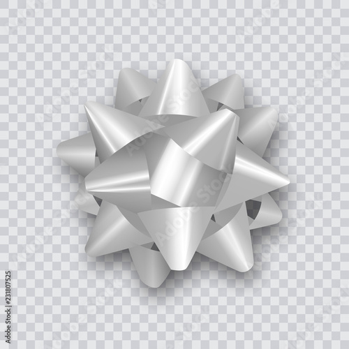 Silver bow for packing gifts. Realistic vector illustration on transparency grid.