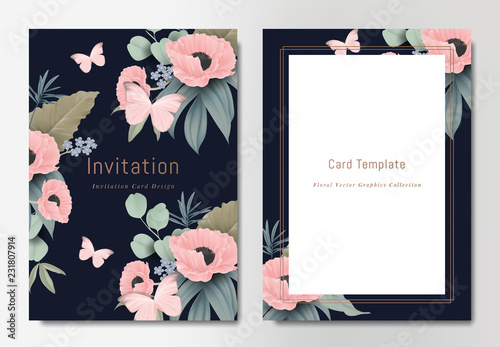 Fototapeta Naklejka Na Ścianę i Meble -  Botanical wedding invitation card template design, bouquets of pink poppy flowers with leaves and butterflies on dark blue background, vintage style
