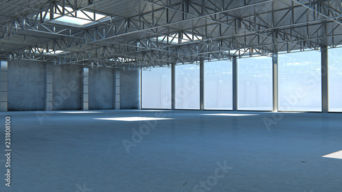 Empty warehouse. 3d illustration stone building with light
