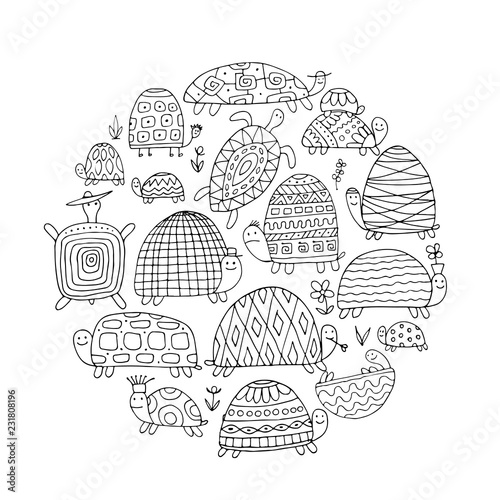 Funny turtles set, sketch for your design
