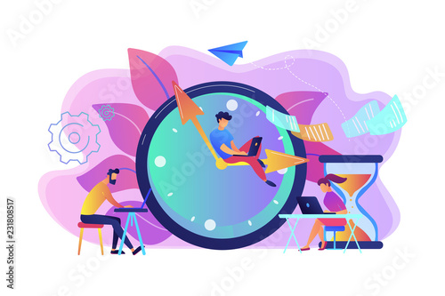 Busy business people with laptops hurry up to complete tasks at huge clock and hourglass. Deadline, project time limit, task due dates concept. Bright vibrant violet vector isolated illustration