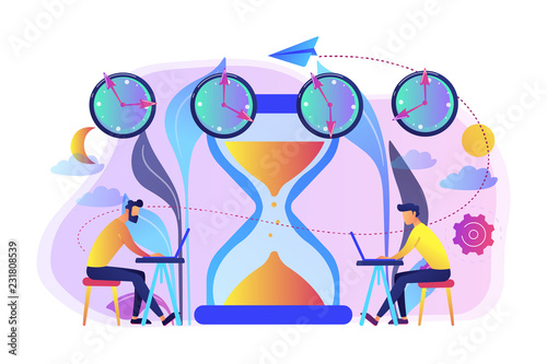 Busy businessmen with laptops near hourglass working in different time zones. Time zones, international time, world business time concept. Bright vibrant violet vector isolated illustration