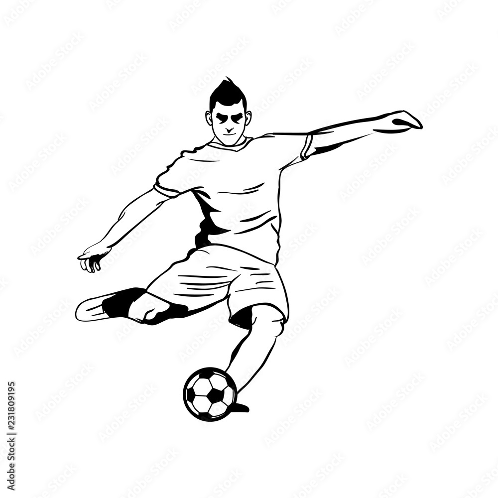 Soccer Player Kick Ball Vector Outline Illustration