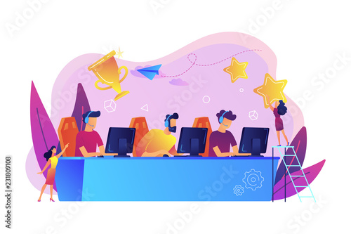 Professional gamers at table taking part in e-sport competition and trophy. E-sports tournament, game official event, e-sports championship concept. Bright vibrant violet vector isolated illustration