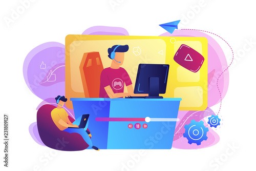 E-sport gamer live streaming online videogame play and viewer with laptop. E-sports streaming, live game show, online streaming business concept. Bright vibrant violet vector isolated illustration