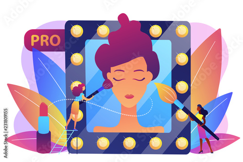 Professional makeup artists applying makeup with brush on woman face in mirror. Professional makeup, pro makeup artistry, makeup artist work concept. Bright vibrant violet vector isolated illustration