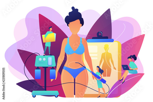 Plastic surgeon with a suction tube doing liposuction of woman's marked body parts. Liposuction, lipo procedure, fat removal surgery concept. Bright vibrant violet vector isolated illustration