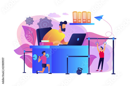 Businessman working and exercising in fitness-friendly office. Fitness-focused workspace, health-conscious workspace, modern office concept. Bright vibrant violet vector isolated illustration
