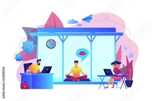Business people working at laptops in office with meditation and relax area. Office meditation room, meditation pod, office relaxing place concept. Bright vibrant violet vector isolated illustration