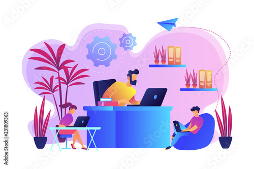 Business people working in modern eco-friendly office with plants and flowers. Biophilic design room, eco-friendly workspace, green office concept. Bright vibrant violet vector isolated illustration