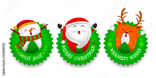 Christmas Tooth Characters design with Christmas round, Santa Claus, Snowman and Reindeer. Merry Christmas and Happy new year concept. Illustration.