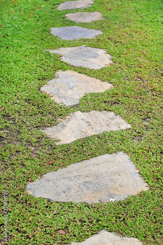 Stone pathway in the park with green grass background