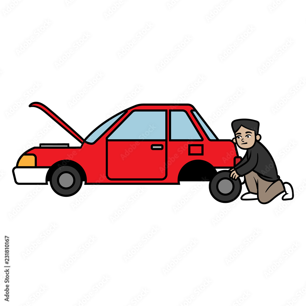 Cartoon Man Changing Car Tire