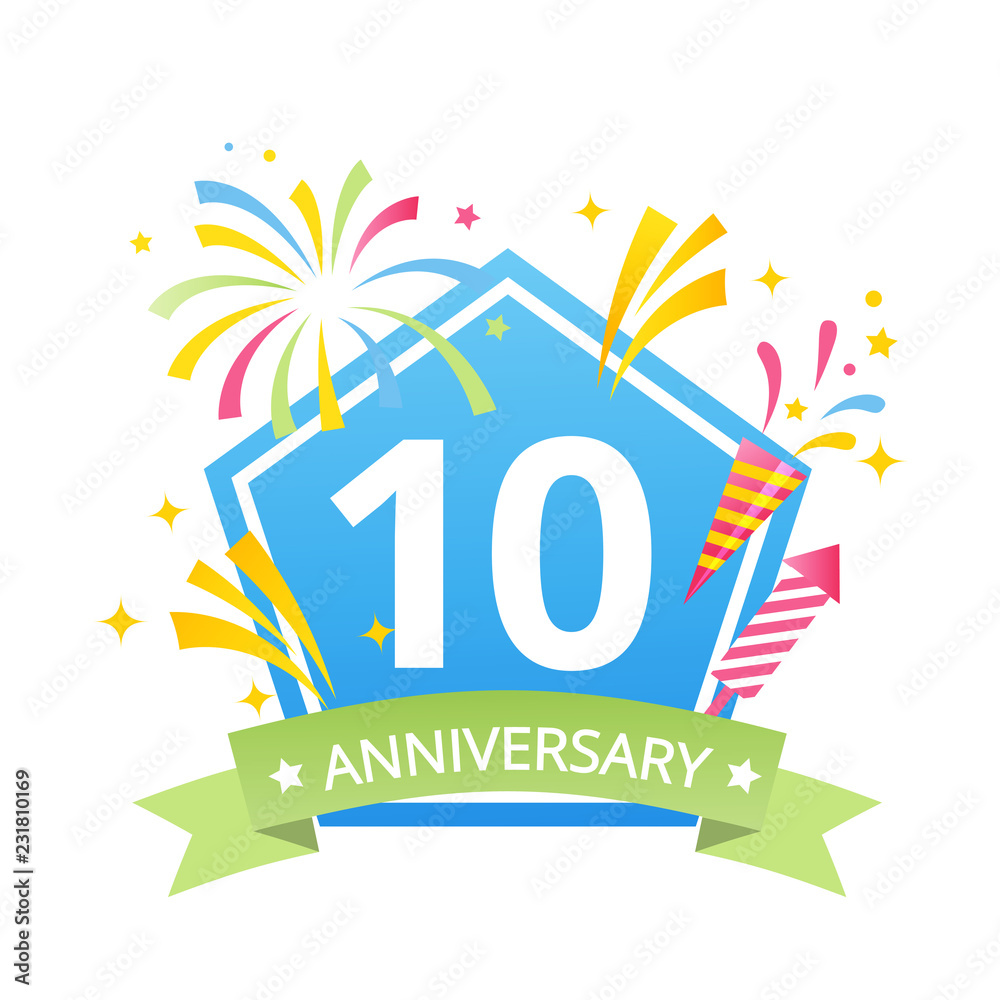 Template Logo 10th anniversary with fireworks and number10 in it and labeled the anniversary year.Vector temlate Template Logo 10th anniversary with fireworks and number10 in it and labeled the anniversary year.Vector temlate