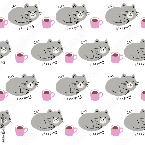 Cute seamless pattern cat sleeping and coffee cup vector.