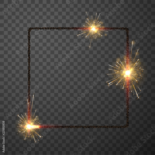 Square frame with sparkling bengal lights on transparent background for Christmas and New Year decoration.