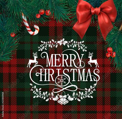 Merry Christmas greeting card with fir branches, holly and bow.
