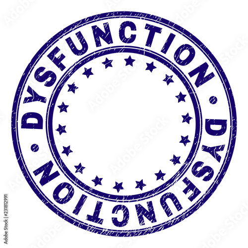 DYSFUNCTION stamp seal imprint with grunge texture. Designed with round shapes and stars. Blue vector rubber print of DYSFUNCTION caption with grunge texture.