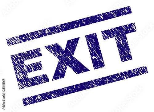 EXIT seal watermark with grunge style. Blue vector rubber print of EXIT text with grunge texture. Text title is placed between parallel lines.