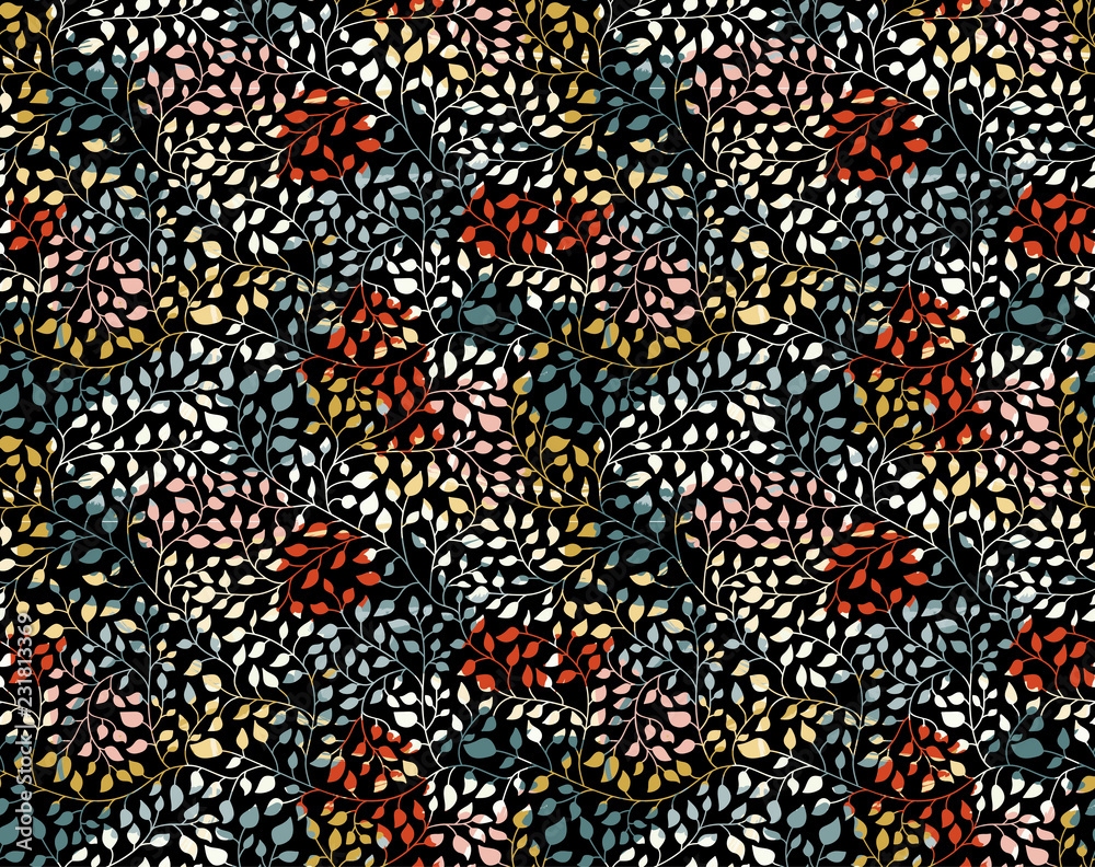 herbal seamless pattern. Many colored leaves. Vegetation. Branches with leaves. Texture for design of fabric, paper, wrappers and wallpaper. herbal seamless pattern. Many colored leaves. Vegetation. Branches with leaves. Texture for design of fabric, paper, wrappers and wallpaper.