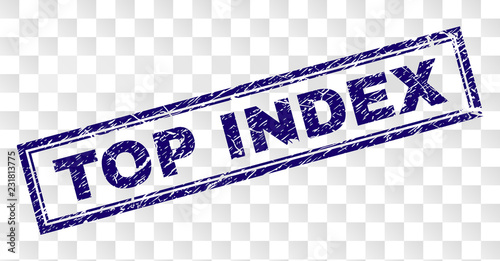 TOP INDEX stamp seal print with rubber print style and double framed rectangle shape. Stamp is placed on a transparent background. Blue vector rubber print of TOP INDEX text with unclean texture.