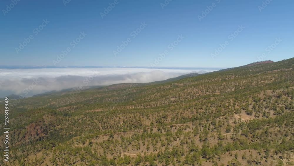 Aerial view of the Teide National Park, flight over the mountains. Tenerife, Canary Islands