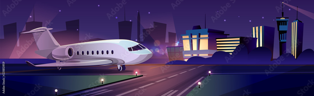 Private passenger plane or personal business jet on runway at night, airport terminal building on background cartoon vector illustration. Modern aerodrome with landing or ready to take off aircraft