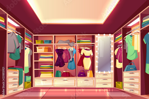 Spacious walk in closet or dressing room full of women clothes cartoon vector interior. Dresses hanging on hangers, bags and boxes with footwear on wardrobe shelves and illuminated mirror illustration