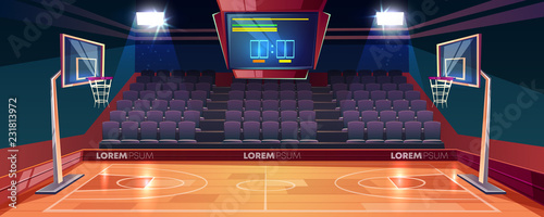 Basketball court with wooden floor, scoreboard on ceiling and empty fan sector seats cartoon vector illustration. Modern indoor stadium illuminated with spotlights. Sports arena or hall for team games
