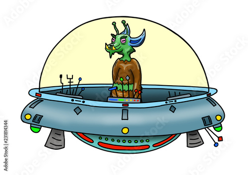 Original handrawn digital image of a wacky alien in a UFO