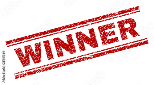 WINNER seal imprint with corroded texture. Red vector rubber print of WINNER caption with dirty texture. Text caption is placed between double parallel lines.