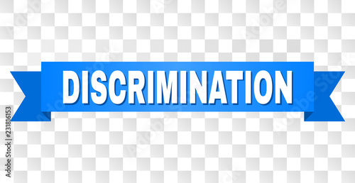 DISCRIMINATION text on a ribbon. Designed with white caption and blue stripe. Vector banner with DISCRIMINATION tag on a transparent background.