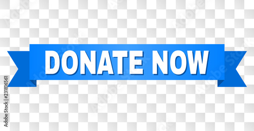 DONATE NOW text on a ribbon. Designed with white title and blue stripe. Vector banner with DONATE NOW tag on a transparent background.