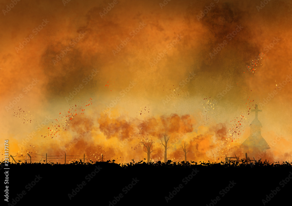 Battlefield illustration background. Smoke and cloud in the sky.  Desolation. Original digital illustration. Stock-Illustration | Adobe Stock