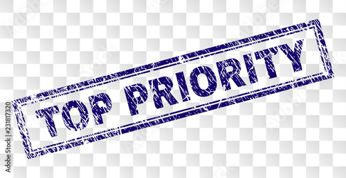TOP PRIORITY stamp seal print with rubber print style and double framed rectangle shape. Stamp is placed on a transparent background. Blue vector rubber print of TOP PRIORITY tag with dust texture.