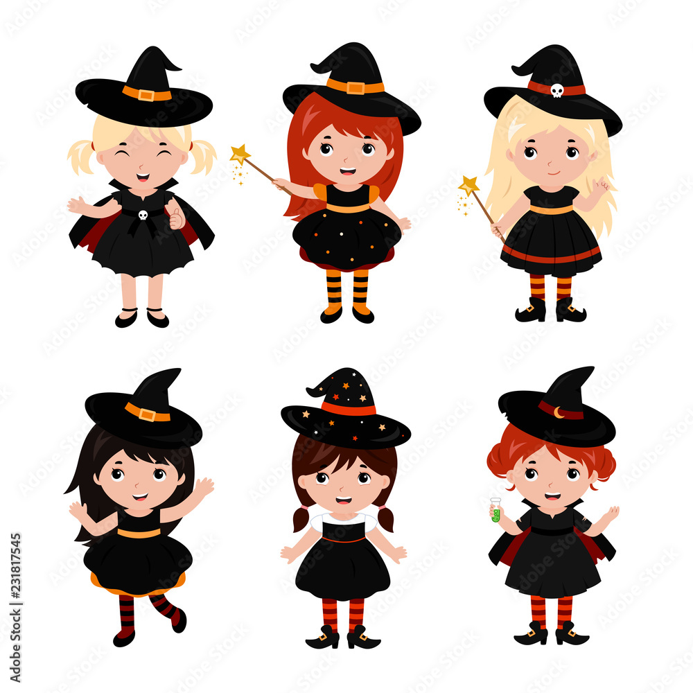 Adorable little witch characters in different poses. Halloween costume. Vector. Adorable little witch characters in different poses. Halloween costume. Vector.