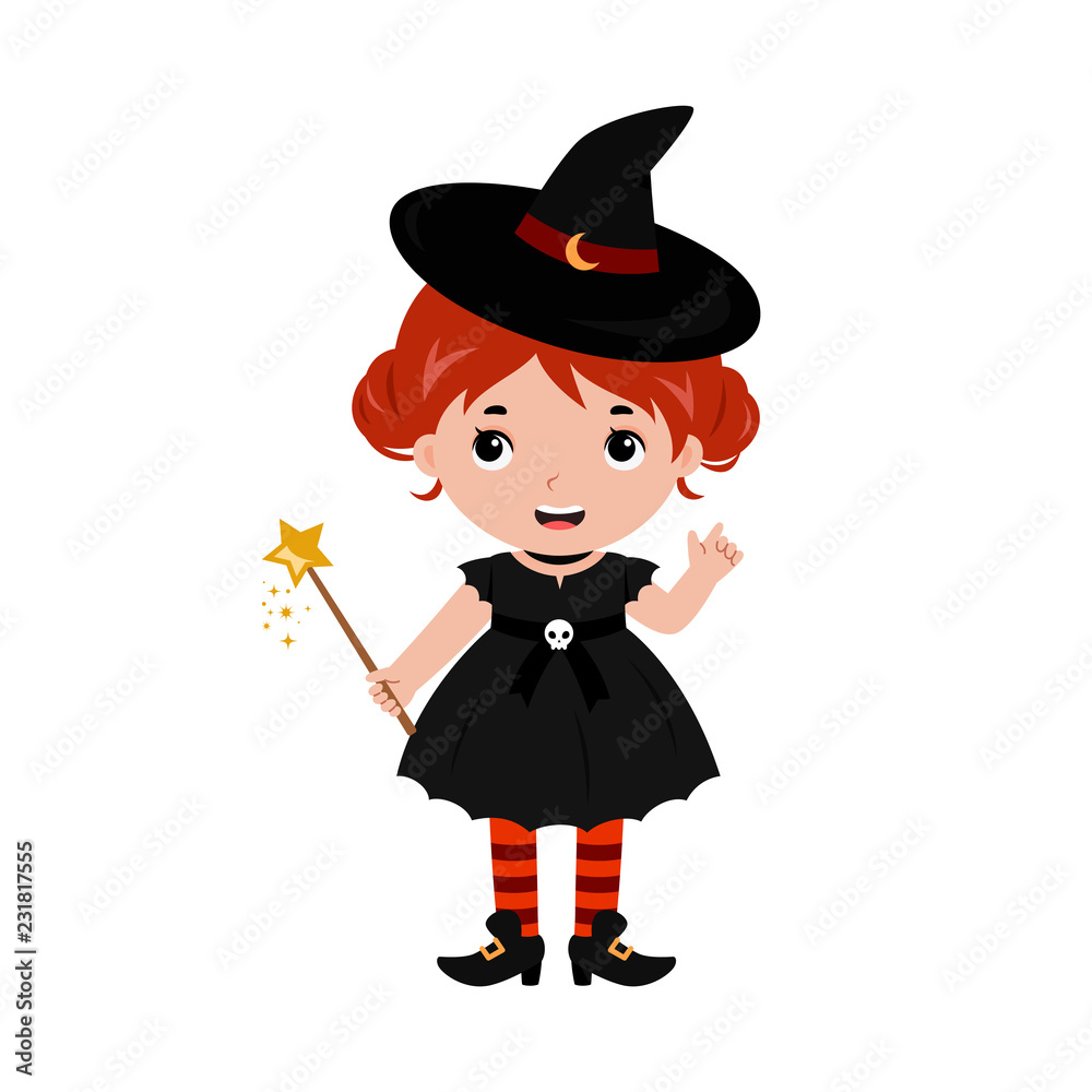 Adorable little witch. Halloween costume. Vector.