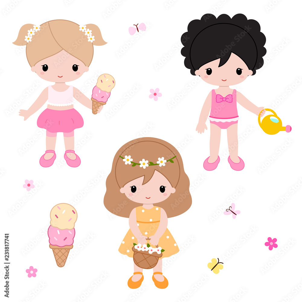 Cute little girls playing on the nature. Summer clipart. Vector. Cute little girls playing on the nature. Summer clipart. Vector.