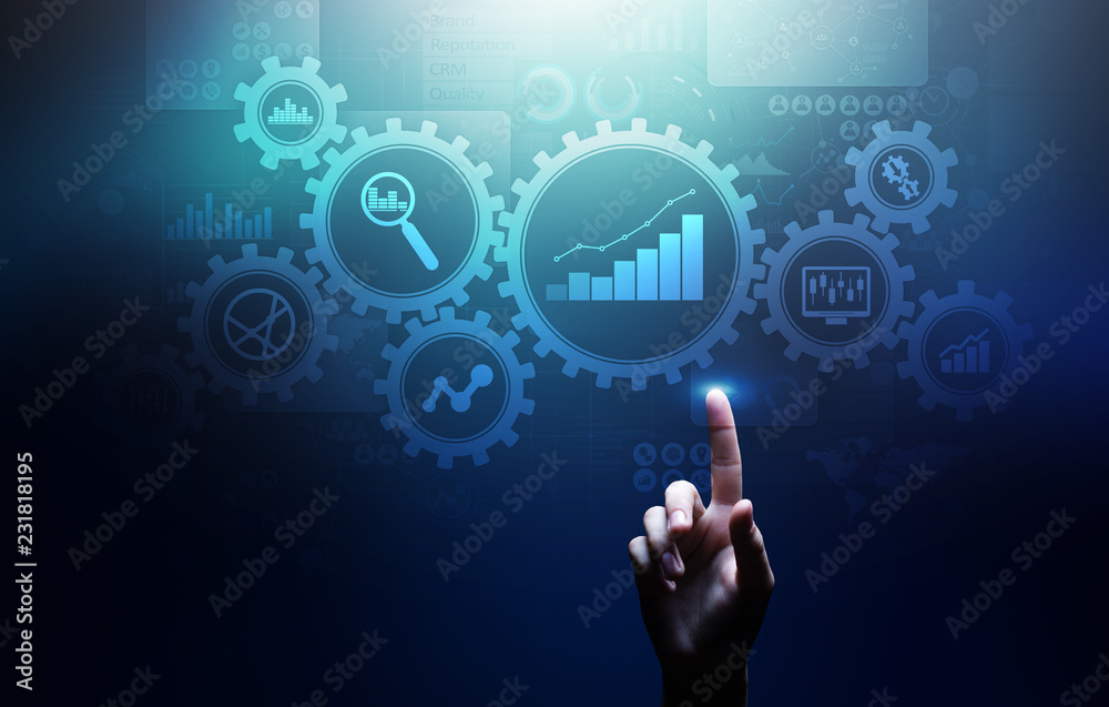 Big Data analysis, Business process analytics diagrams with gears and icons on virtual screen. Big Data analysis, Business process analytics diagrams with gears and icons on virtual screen.
