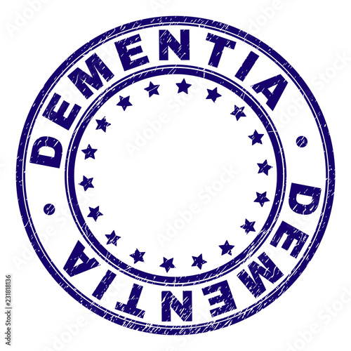 DEMENTIA stamp seal watermark with grunge texture. Designed with circles and stars. Blue vector rubber print of DEMENTIA label with corroded texture.