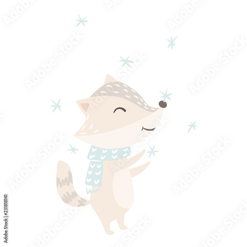 Raccoon baby winter print. Cute animal catches snowflakes in warm scarf christmas card.