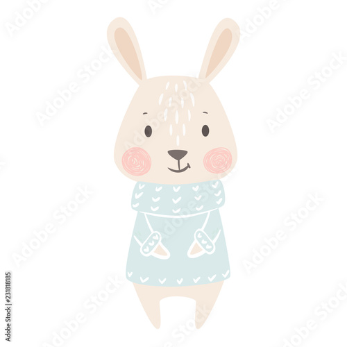 Bunny baby winter print. Cute animal in warm sweater christmas card.