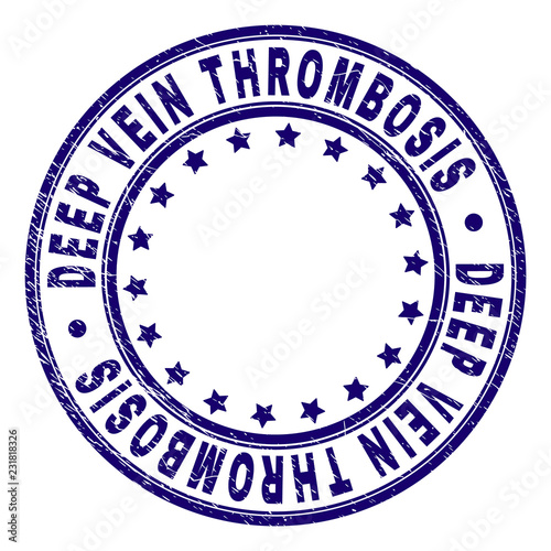 DEEP VEIN THROMBOSIS stamp seal imprint with grunge texture. Designed with round shapes and stars. Blue vector rubber print of DEEP VEIN THROMBOSIS title with grunge texture.
